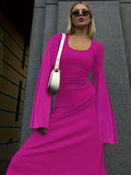 Solid Flared Long Sleeve Dress, Casual Squared Neck Maxi Dress, Women's Clothing