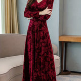 vlovelaw  Floral Pattern Maxi Dress, Elegant V Neck Long Sleeve Dress, Women's Clothing