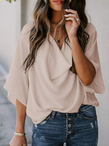 Women's Blouse V-neck Loose Casual Fashion Chiffon Solid Blouse