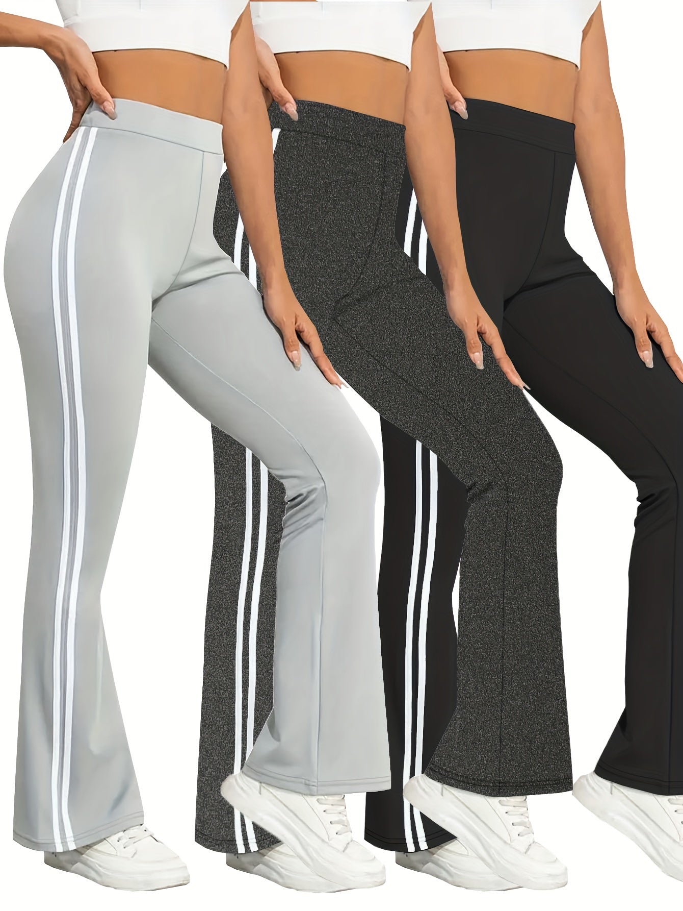 vlovelaw  3 Pcs Women's Sports Pants Set, Plus Size Contrast Striped High Waist Stretchy Flare Leg Fitness Pants 3 Piece Set