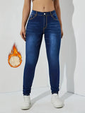 vlovelaw  Fleece Liner Casual Skinny Jeans, Slant Pockets Slim Fit Stretchy Tight Jeans, Women's Denim Jeans & Clothing