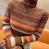 vlovelaw  Stripes Print Turtle Neck Pullover Sweater, Elegant Long Sleeve Knitted Sweater For Fall & Winter, Women's Clothing