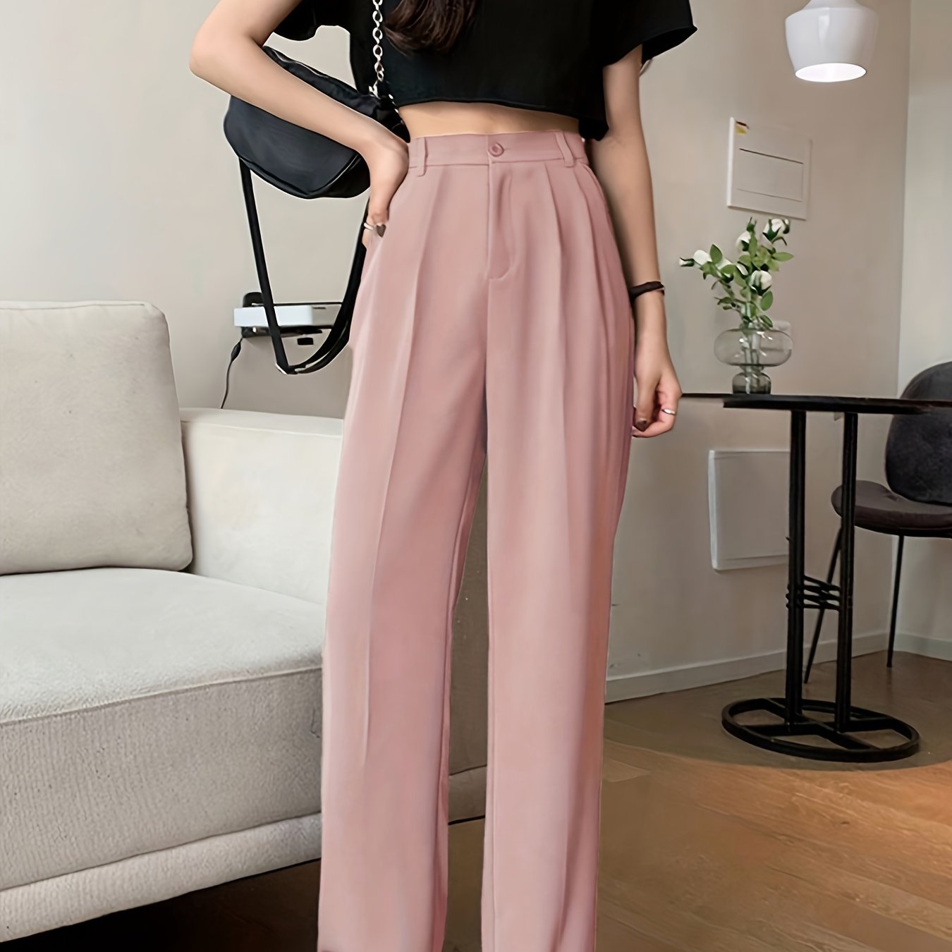 vlovelaw  Solid Draped Straight Leg Pants, Casual Button High Waist Pleated Pants, Women's Clothing