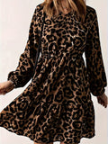 Leopard Print Ruffle Hem Dress, Vintage V Neck Long Sleeve Dress, Women's Clothing