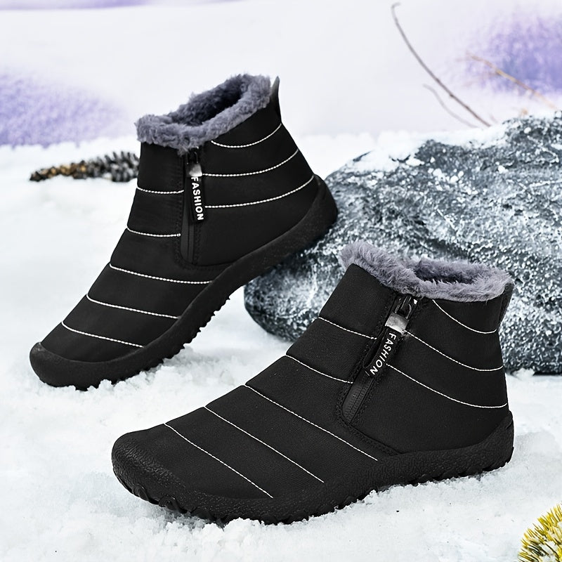 Cozy Fleece-Lined Men's Winter Snow Boots - Easy Zip, Non-Slip Ankle Protection for Outdoor Trekking | Casual Solid Color Style