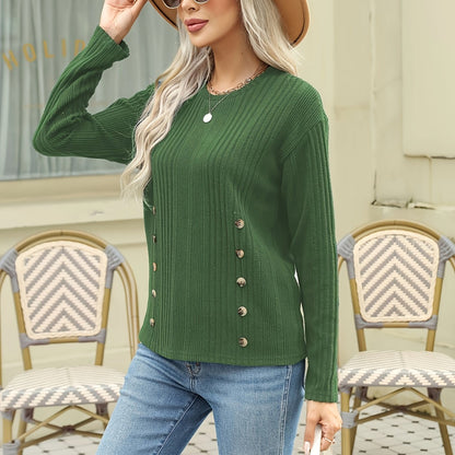 vlovelaw  Ribbed Button Decor Crew Neck T-Shirt, Casual Long Sleeve Top For Spring & Fall, Women's Clothing