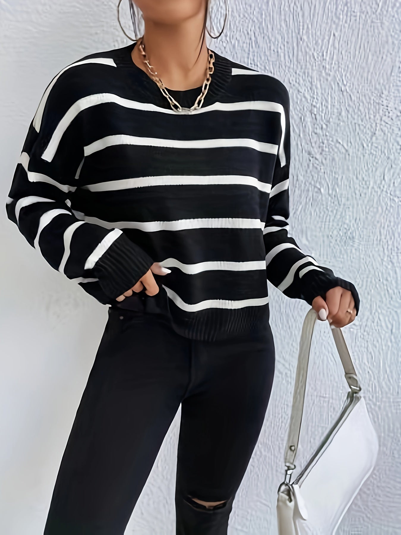 vlovelaw  Striped Crew Neck Pullover Sweater, Casual Long Sleeve Drop Shoulder Sweater, Women's Clothing