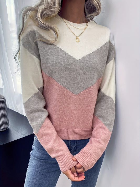 vlovelaw Color Block Crew Neck Sweater, Casual Long Sleeve Sweater For Fall & Winter, Women's Clothing