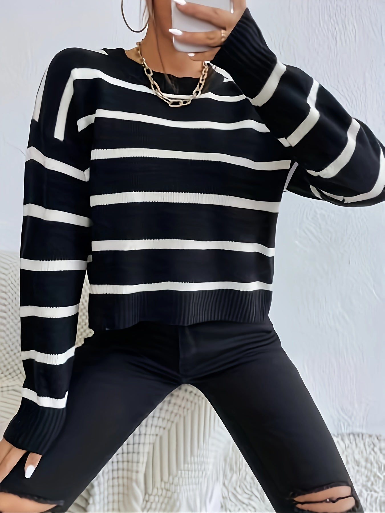 vlovelaw  Striped Crew Neck Pullover Sweater, Casual Long Sleeve Drop Shoulder Sweater, Women's Clothing