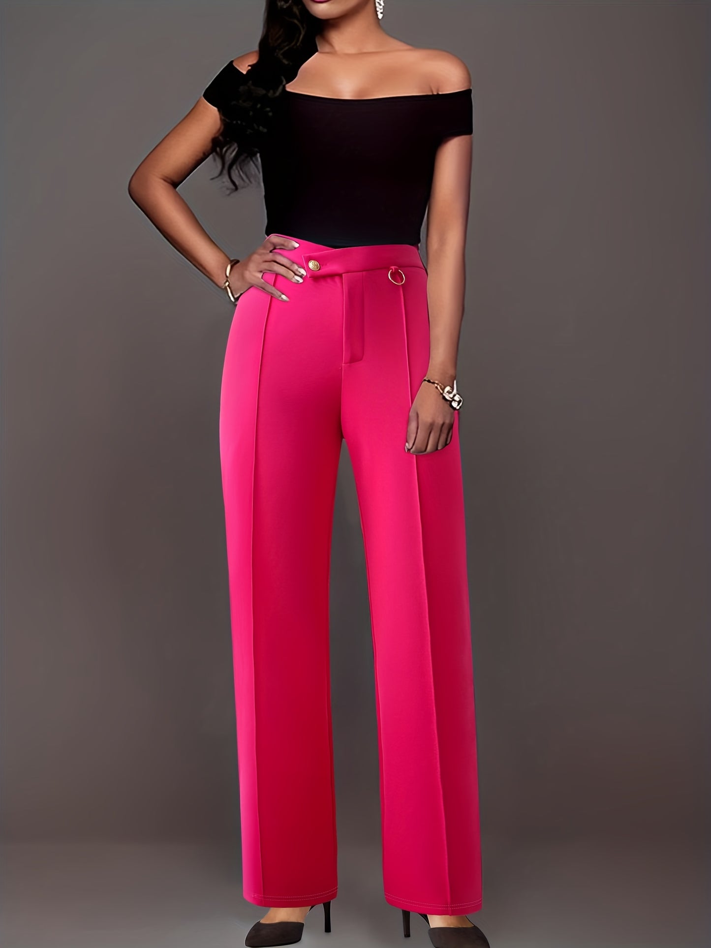 Solid Pintuck Straight Leg Pants, Casual Asymmetrical High Waist Pants, Women's Clothing