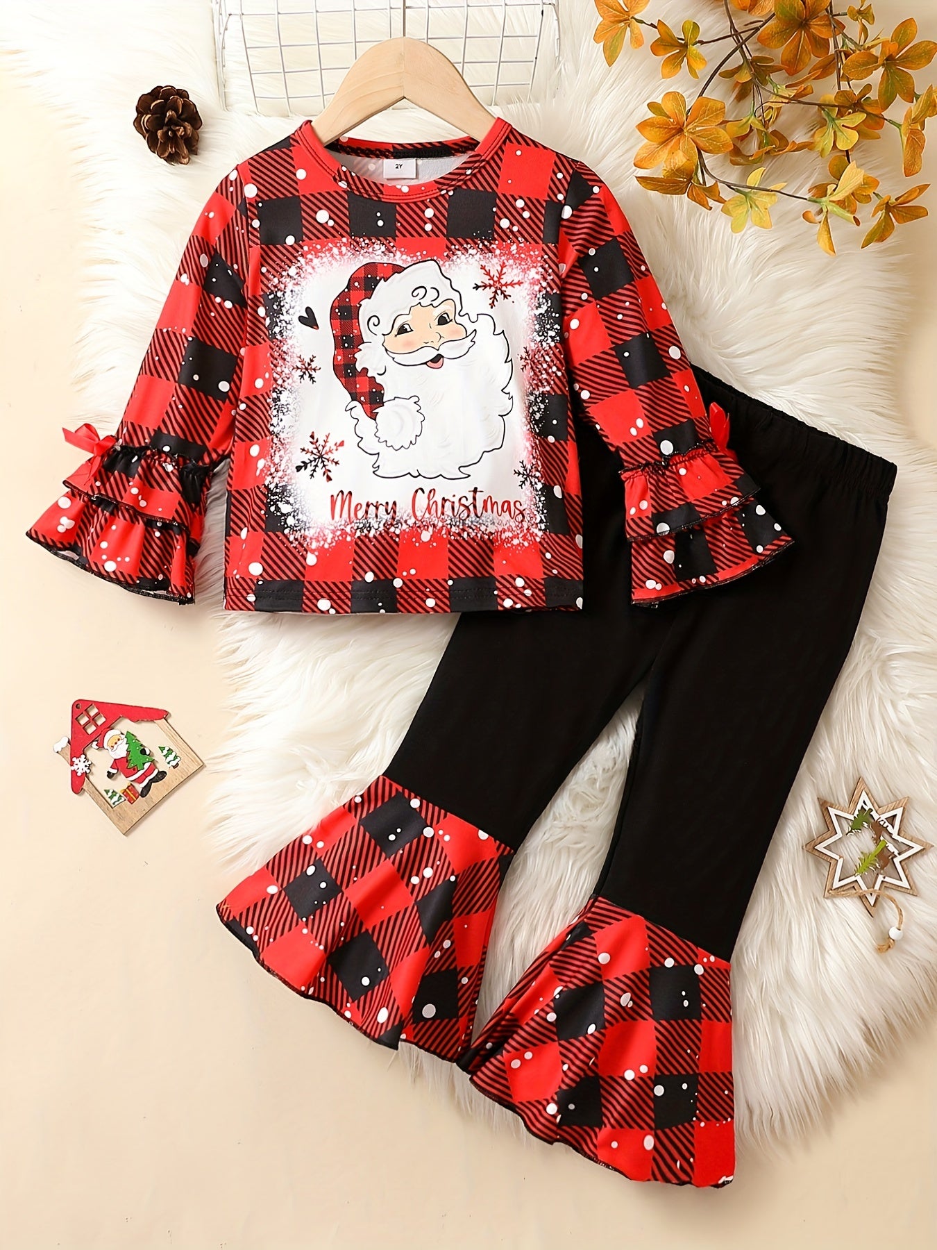 Girl's 2pcs Long Sleeve Top & Flared Pants Set, MERRY CHRISTMAS Santa Print Ruffle Decor, Plaid Pattern Trendy Casual Outfits, Kids Clothes For Spring Fall Winter, Outdoor Clothing