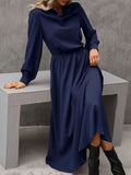 vlovelaw  Cowl Neck Solid Midi Dress, Elegant Long Sleeve A Line Dress, Women's Clothing