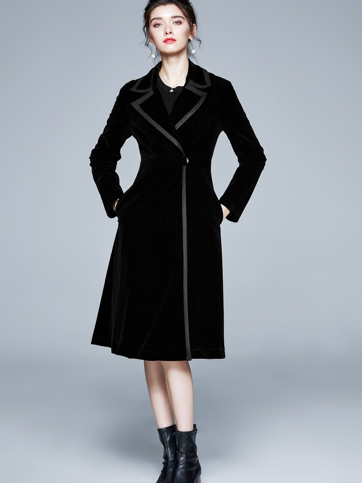 Contrast Trim Lapel Trench Coat, Elegant Long Sleeve Velvet Outwear For Fall & Winter, Women's Clothing