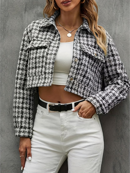 Plaid Pattern Cropped Jacket, Casual Button Front Long Sleeve Outerwear, Women's Clothing