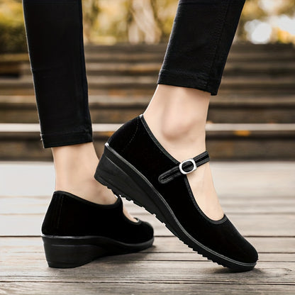 Stylish Womens Solid Color Wedge Heeled Shoes - All-Season, Buckle Closure, Comfortable Platform Shoes with All-Weather Grip and Plain Toe - Perfect for Casual Occasions