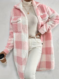 Plaid Pattern Teddy Coat, Casual Button Front Long Sleeve Outerwear, Women's Clothing