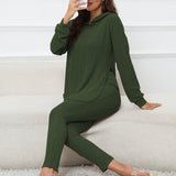 Solid Casual Knitted Two-piece Set, Long Sleeve Split Hooded Top & Skinny Pants Outfits, Women's Clothing