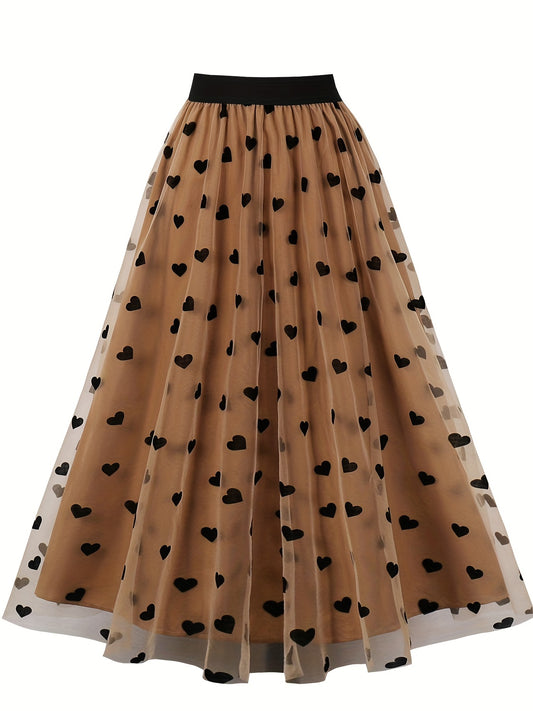 vlovelaw  Heart Print Mesh Overlay Skirt, Elegant Skirt For Spring & Summer, Women's Clothing