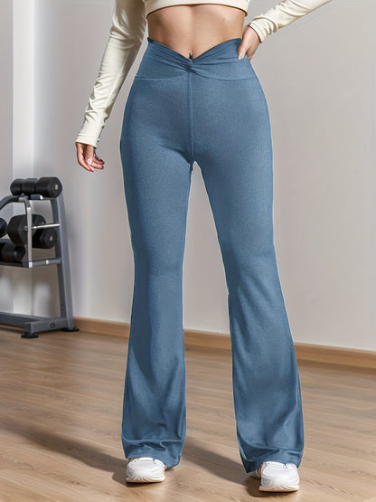 vlovelaw  Solid Twist Waist Flare Leg Pants, Casual Butt Lifting Pants, Women's Clothing