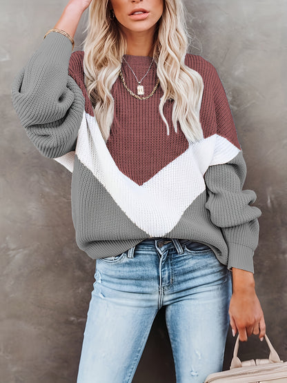 Color Block Crew Neck Pullover Sweater, Casual Long Sleeve Sweater For Fall & Winter, Women's Clothing