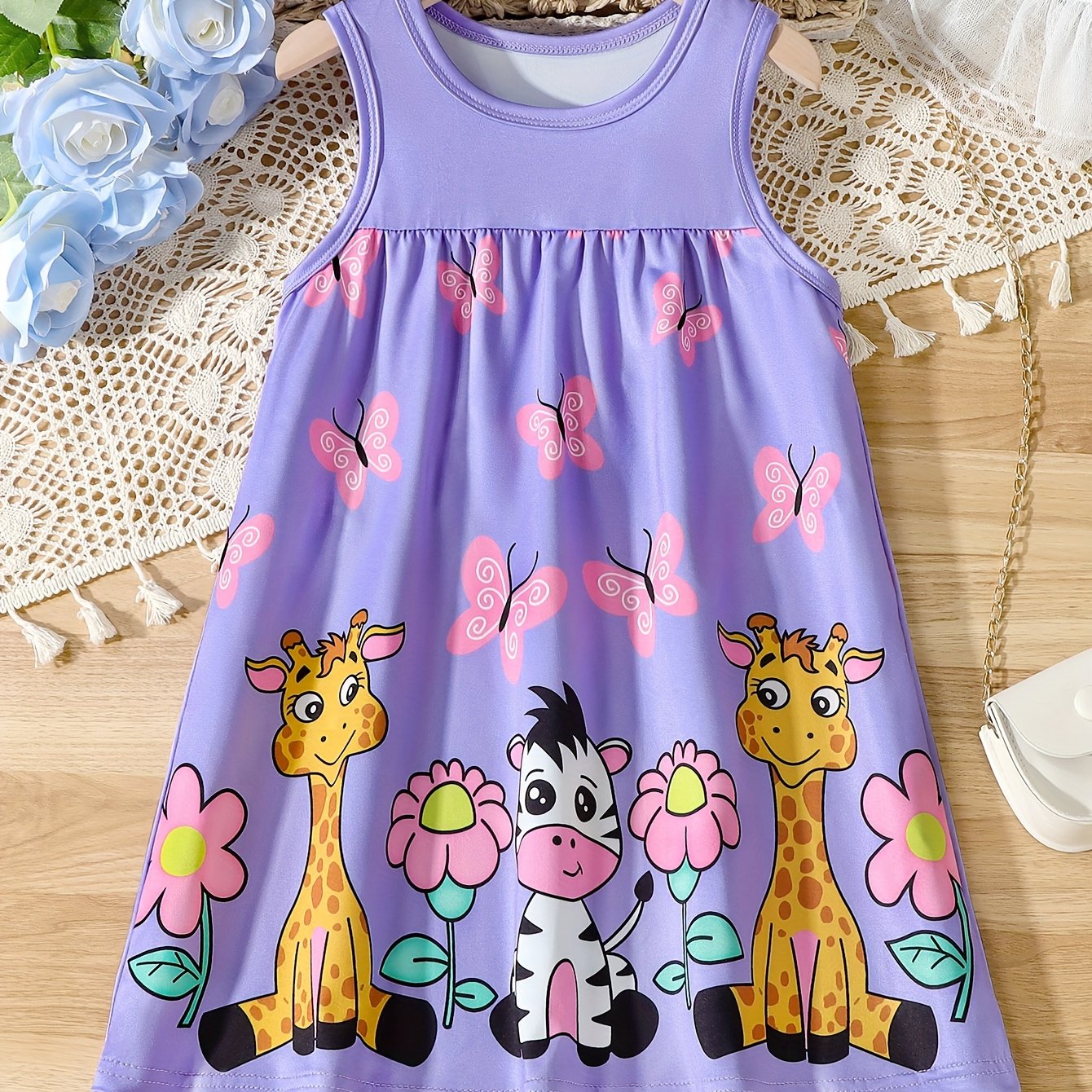 Charming Sleeveless Cartoon Dress for Girls - Crew Neck, Adorable Summer Party Outfit, Perfect Birthday Present.