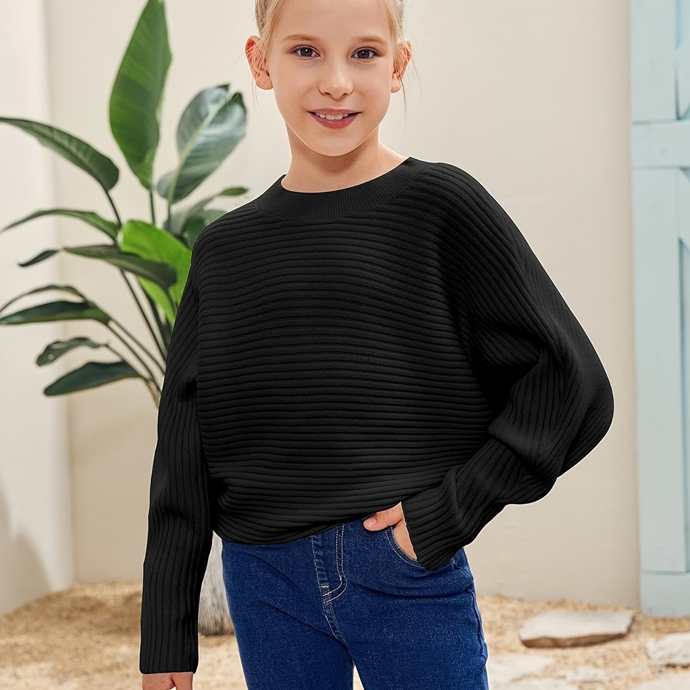 Kids' Cozy Oversized Batwing Crewneck Sweater - Soft, Chunky, Slouchy, Long Sleeve, Fall Fashion Essential for Girls - Cute Pullover Jumper Shirt for Casual Daily Wear