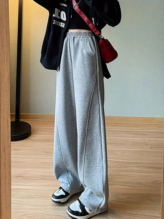 vlovelaw  Solid Elastic High Waist Sweatpants, Casual Sporty Wide Leg Pants With Pocket, Women's Clothing