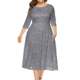 Plus Size Elegant Midi Lace Dress with 3/4 Sleeves - Crew Neck, Trapeze Hem, Pocket Details, Fitted Silhouette - Perfect for Wedding, Evening, Occasion, and Engagement Ceremony