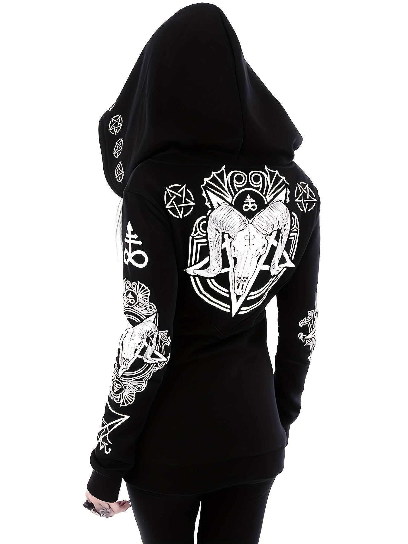 Gothic Punk Hooded Jacket,Moon Printed Stylish Fashion Simple Long-sleeved Sports Hooded Coat, Women's Clothing