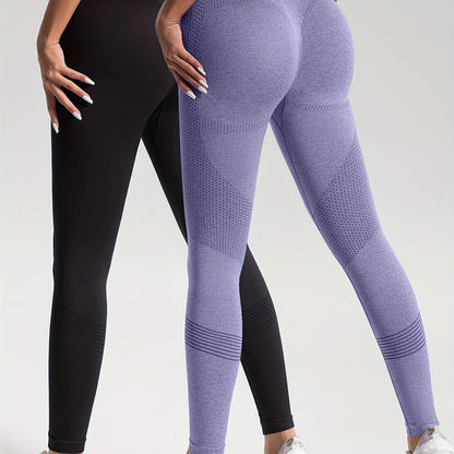 vlovelaw 2pcs Solid Color High-Stretch Fitness Yoga Sports Leggings, Soft Breathable Yoga Tight Pants, Women's Activewear