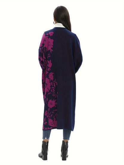 Floral Print Long Length Overcoat, Casual Open Front Long Sleeve Outerwear, Women's Clothing