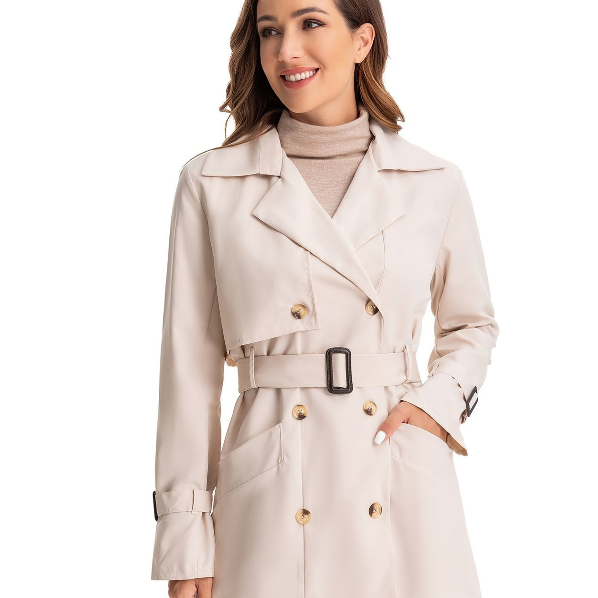 vlovelaw  Double Breasted Long Trench Coat, Long Sleeve Windproof Classic Lapel Slim Belted Outerwear, Women's Clothing