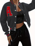 Alphabets Varsity Jacket, Casual Crop Button Front Jacket, Women's Clothing