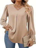 vlovelaw Solid V-neck Simple Blouse, Versatile Lantern Sleeve Blouse For Spring & Fall, Women's Clothing