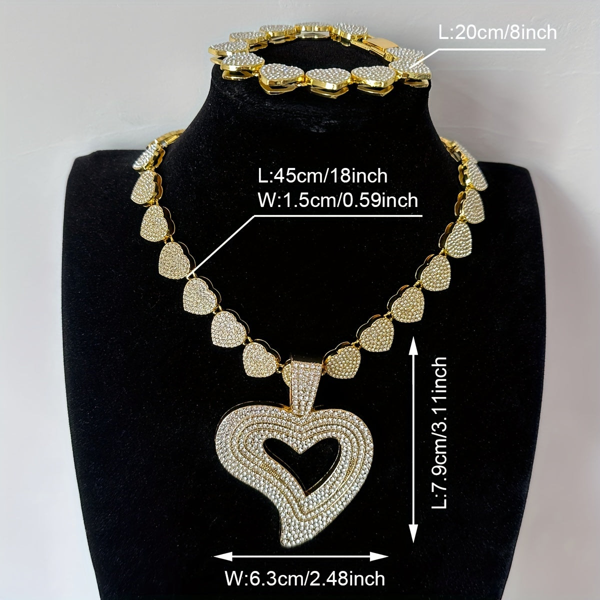 Necklace + Bracelet Fashionable Jewelry Set Chunky Heart Design Paved Full Of Shining Rhinestone Match Daily Outfits Party Accessories