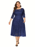 Plus Size Elegant Midi Lace Dress with 3/4 Sleeves - Crew Neck, Trapeze Hem, Pocket Details, Fitted Silhouette - Perfect for Wedding, Evening, Occasion, and Engagement Ceremony