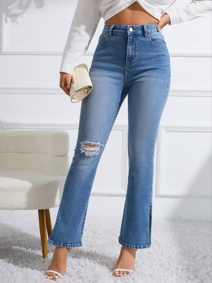 vlovelaw  Side Split Ripped Holes Flare Jeans, Button Zipper Fly Washed Casual Denim Pants, Women's Denim Jeans & Clothing