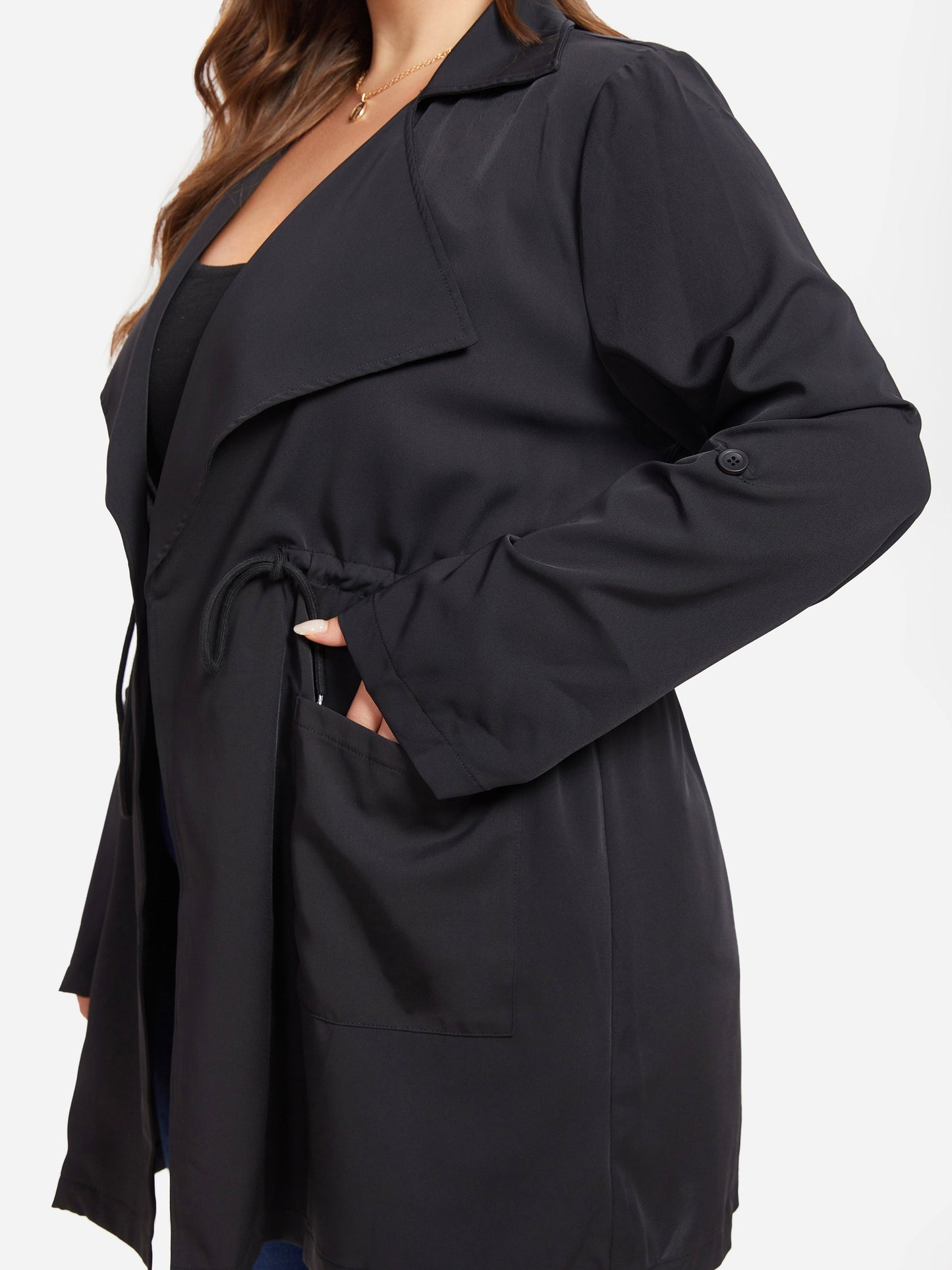 vlovelaw  Plus Size Drawstring Pockets Coat, Casual Long Sleeve Lapel Coat For Fall, Women's Plus Size Clothing