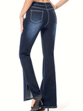 vlovelaw  Slant Pockets Washed Flare Jeans, Mid-Stretch Versatile Bell Bottom Jeans, Women's Denim Jeans & Clothing