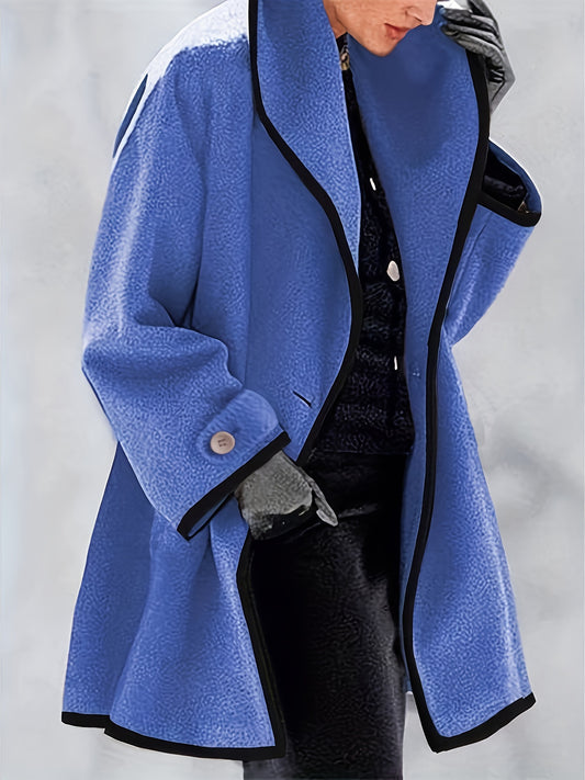 Plus Size Casual Coat, Women's Plus Solid Binding Single Breast Button Long Sleeve Lapel Collar Woolen Coat