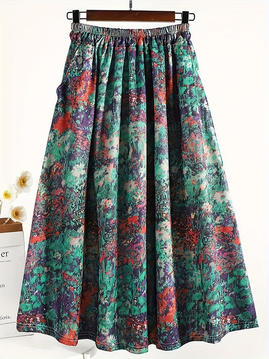 vlovelaw Floral Print Elastic Waist Skirt, Casual Flared Swing Midi Skirt, Women's Clothing