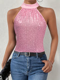 vlovelaw  Sequined Tie Back Halter Top, Elegant Sleeveless Top For Summer, Women's Clothing