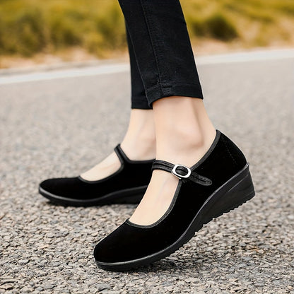 Stylish Womens Solid Color Wedge Heeled Shoes - All-Season, Buckle Closure, Comfortable Platform Shoes with All-Weather Grip and Plain Toe - Perfect for Casual Occasions