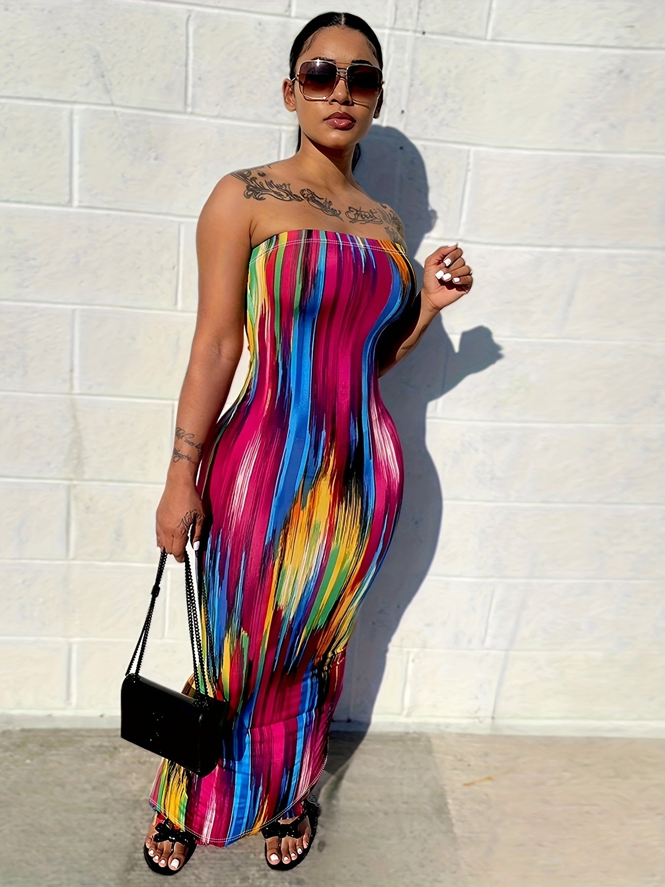 vlovelaw  Colorful Printing Tube Dress, Sexy Off Shoulder Bodycon Maxi Dress, Women's Clothing