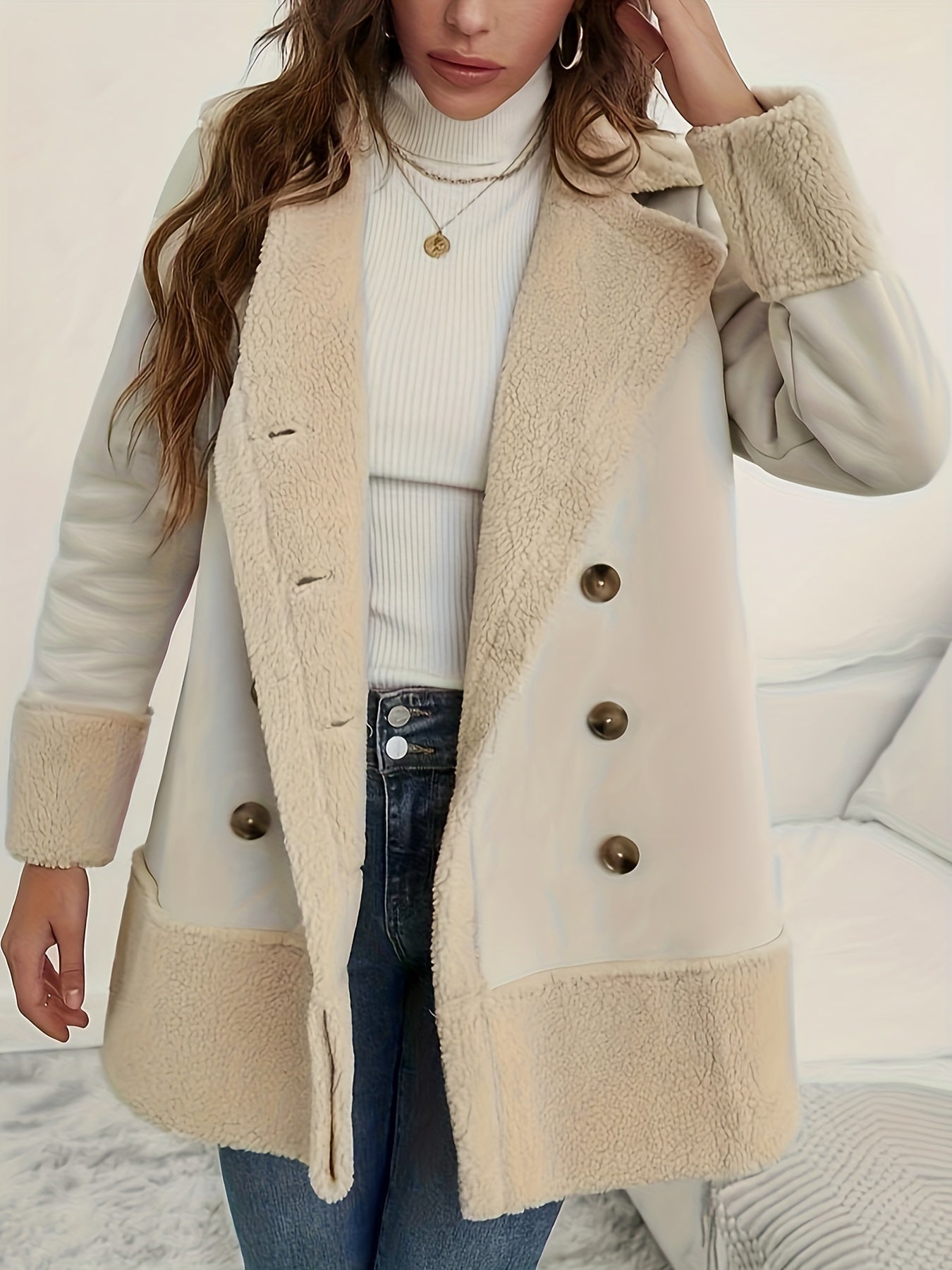 Fuzzy Trim Double Breasted Coat, Elegant Long Sleeve Warm Outerwear, Women's Clothing