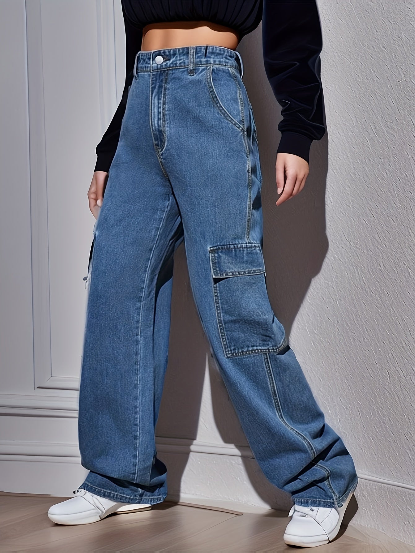 vlovelaw  Blue Flap Pockets Cargo Pants, Loose Fit Non-Stretch Y2K & Kpop Carpenter Jeans, Women's Denim Jeans & Clothing