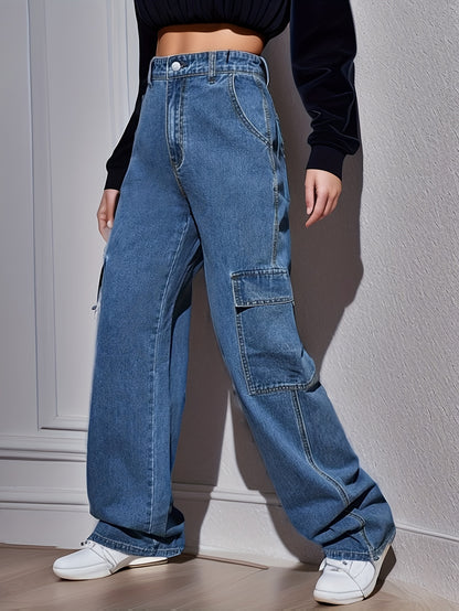 vlovelaw  Blue Flap Pockets Cargo Pants, Loose Fit Non-Stretch Y2K & Kpop Carpenter Jeans, Women's Denim Jeans & Clothing