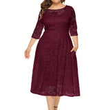 Plus Size Elegant Midi Lace Dress with 3/4 Sleeves - Crew Neck, Trapeze Hem, Pocket Details, Fitted Silhouette - Perfect for Wedding, Evening, Occasion, and Engagement Ceremony