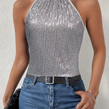 vlovelaw  Sequined Tie Back Halter Top, Elegant Sleeveless Top For Summer, Women's Clothing