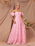 vlovelaw  Sweetheart Neck Floral Dress, Puff Sleeve Off-shoulder Floor Length A-line Dress, Women's Clothing